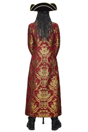 Men's steampunk pirate overcoat back view showing attached braid detail and full-length silhouette