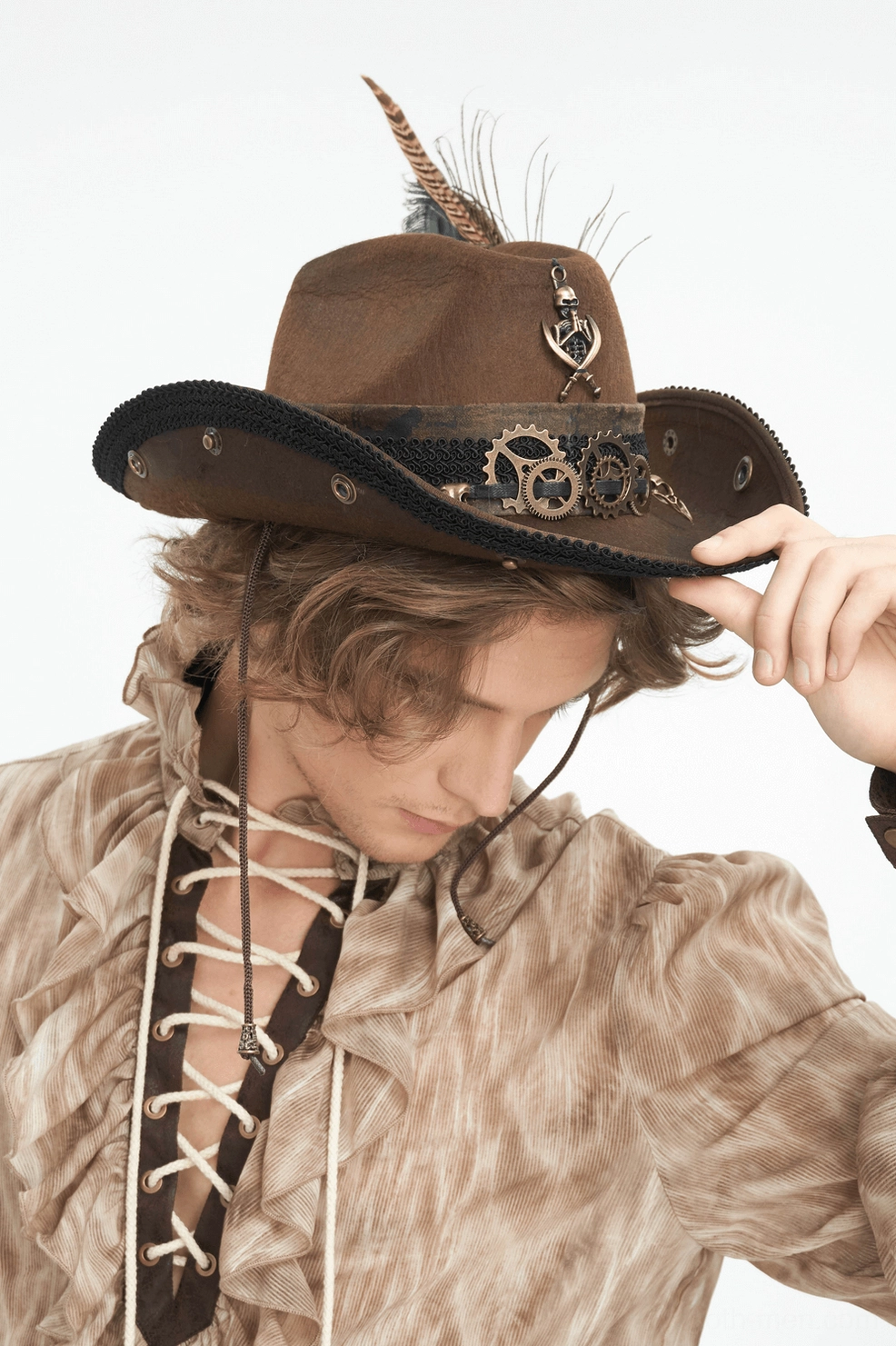 Brown gothic steampunk cowboy hat with gears and feathers, alternative fashion statement