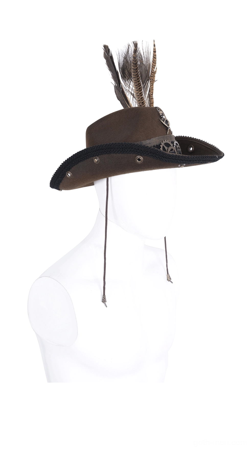 Dark gothic steampunk hat with multiple feathers and black brim trim, three-quarter view
