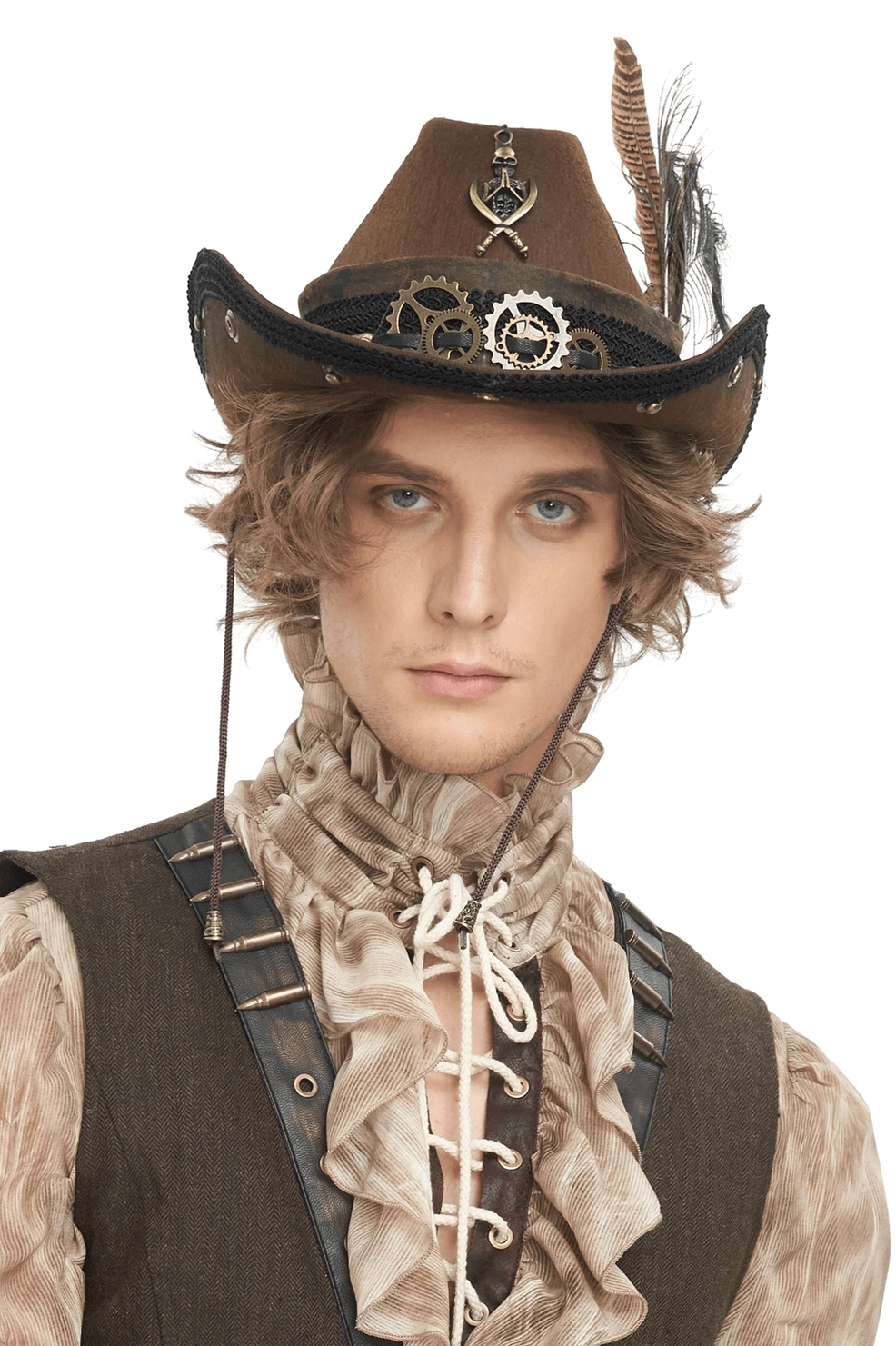 Gothic steampunk cowboy hat with brass gears and feathers, front view on male model