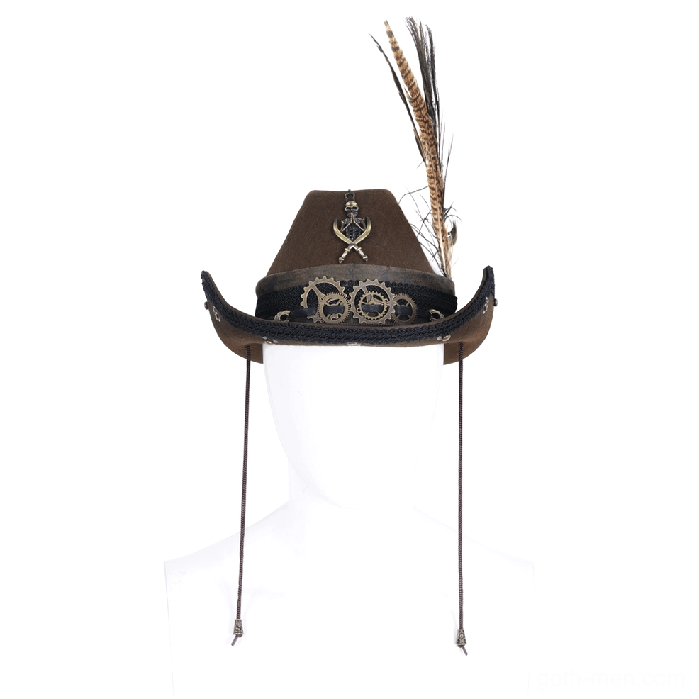 Dark gothic steampunk cowboy hat with brass gears and feather decoration on mannequin