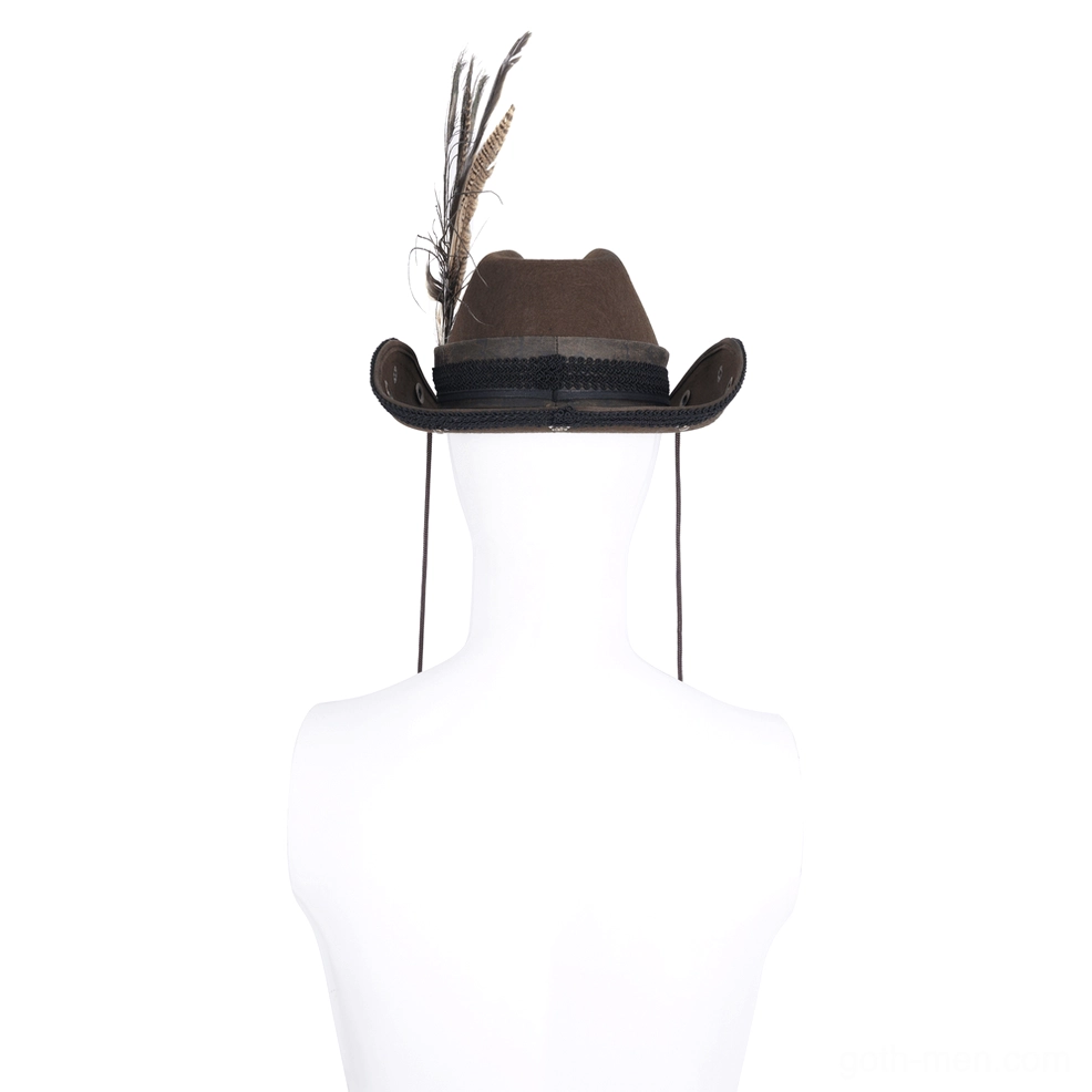 Brown gothic steampunk hat with single feather and adjustable chin straps on mannequin