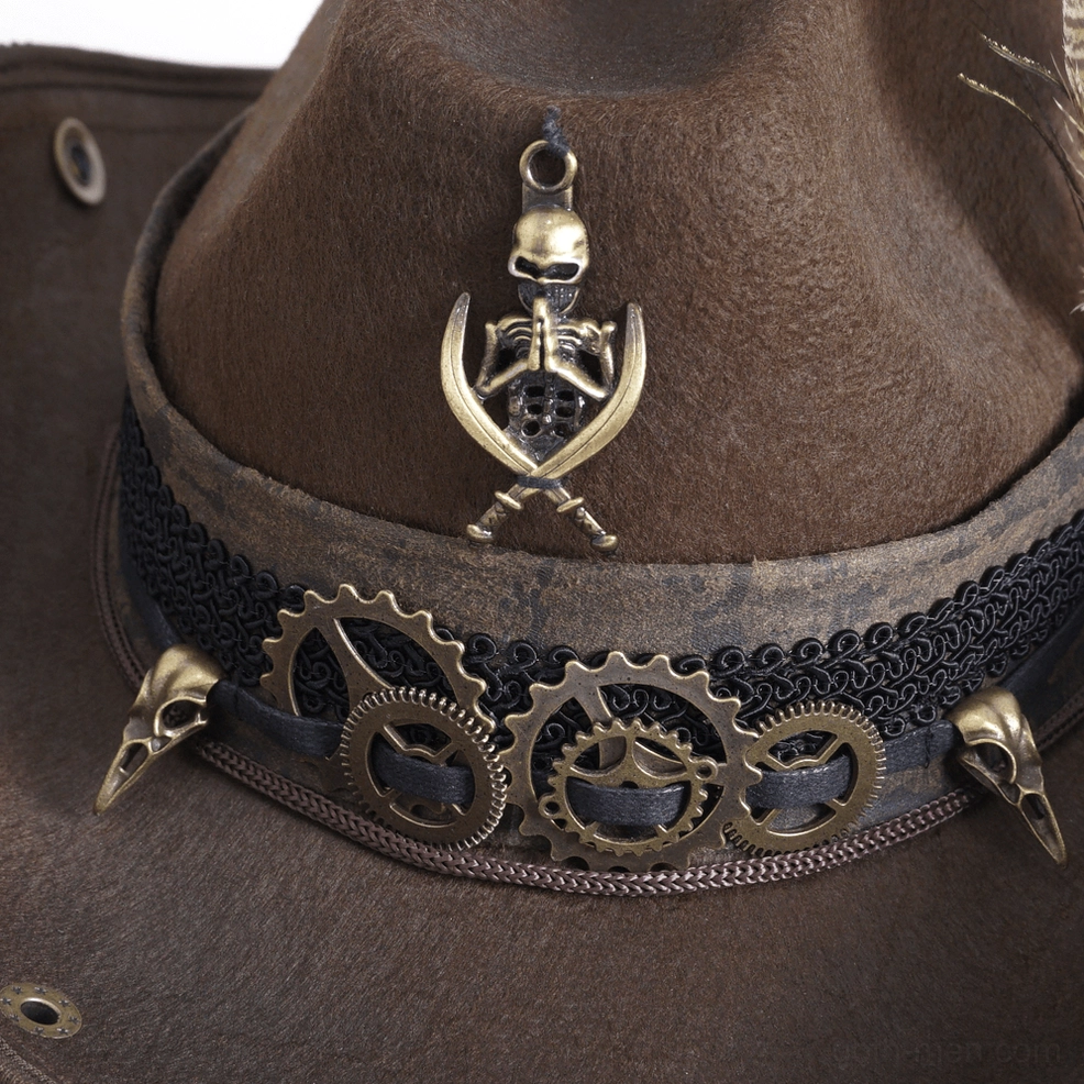 Steampunk gothic cowboy hat flat lay, overhead view showing brass gears and feather details