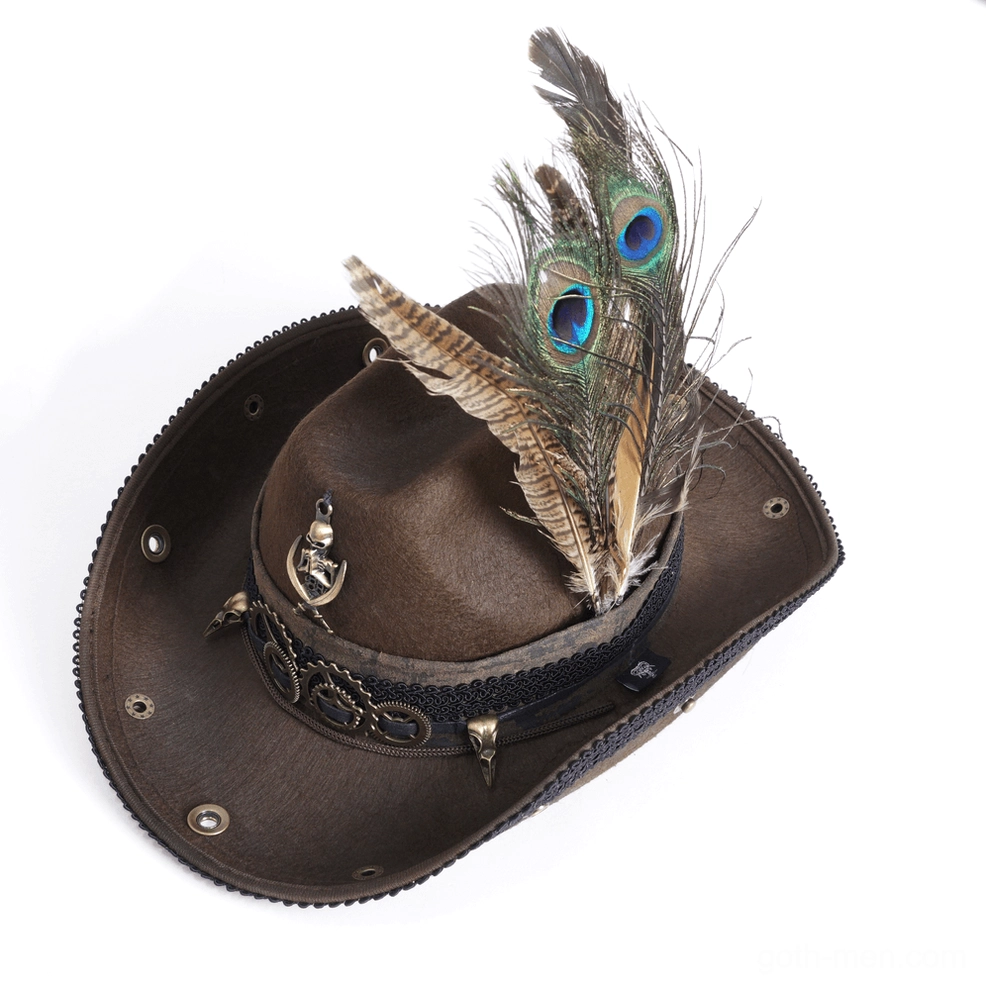 Dark gothic steampunk cowboy hat texture detail showing acrylic fabric and hardware