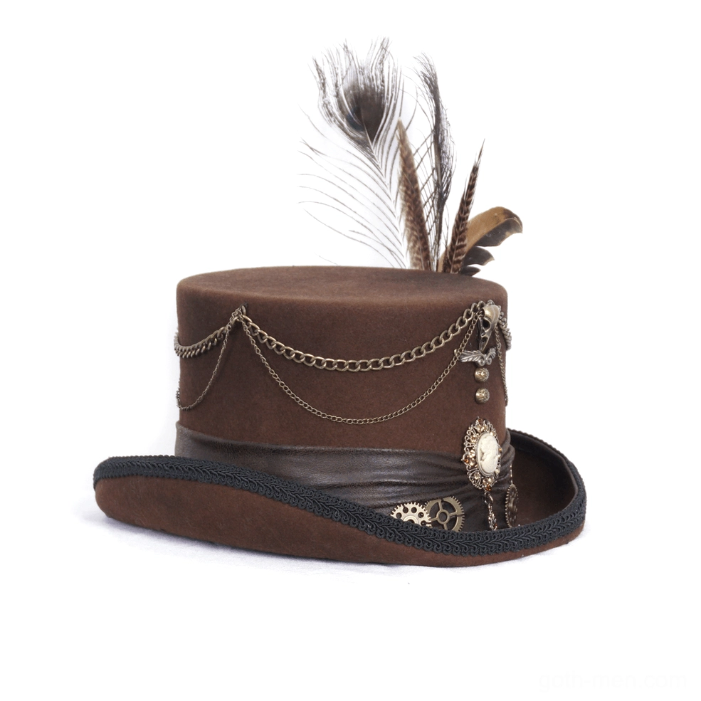 Three-quarter view of gothic steampunk hat featuring layered brown feathers, chain decorations, and vintage cameo gear trims