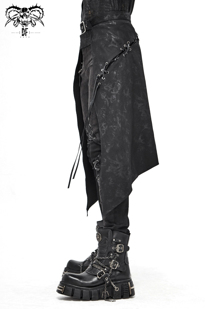 Flat lay styling shot of black gothic steampunk kilt with belt, buckle, and complete fastening details visible