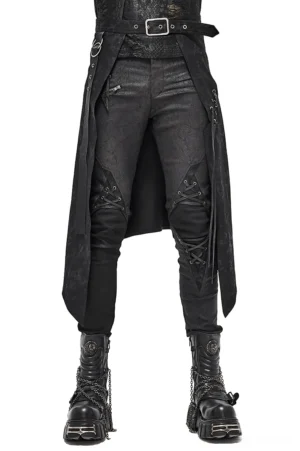 Male model wearing black gothic steampunk kilt with decorative crisscross lacing and wide belt, front lower body view