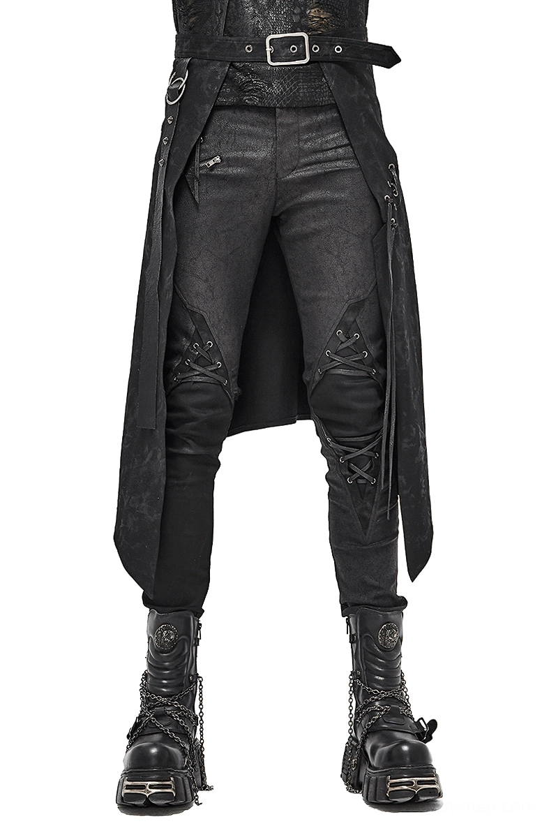 Male model wearing black gothic steampunk kilt with decorative crisscross lacing and wide belt, front lower body view