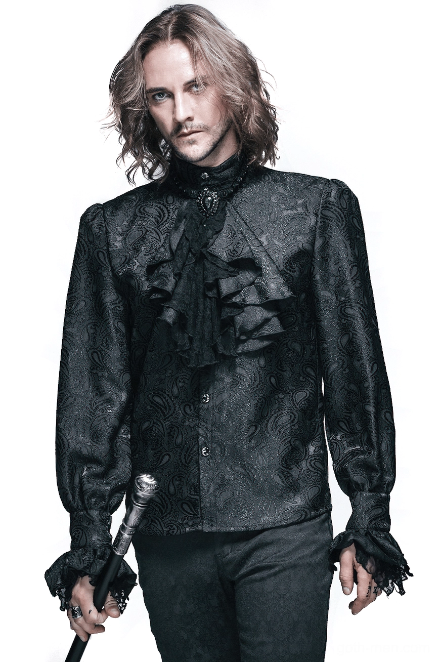 Front view of black gothic steampunk men's shirt with ruffled jabot collar and intricate jacquard pattern worn by male model