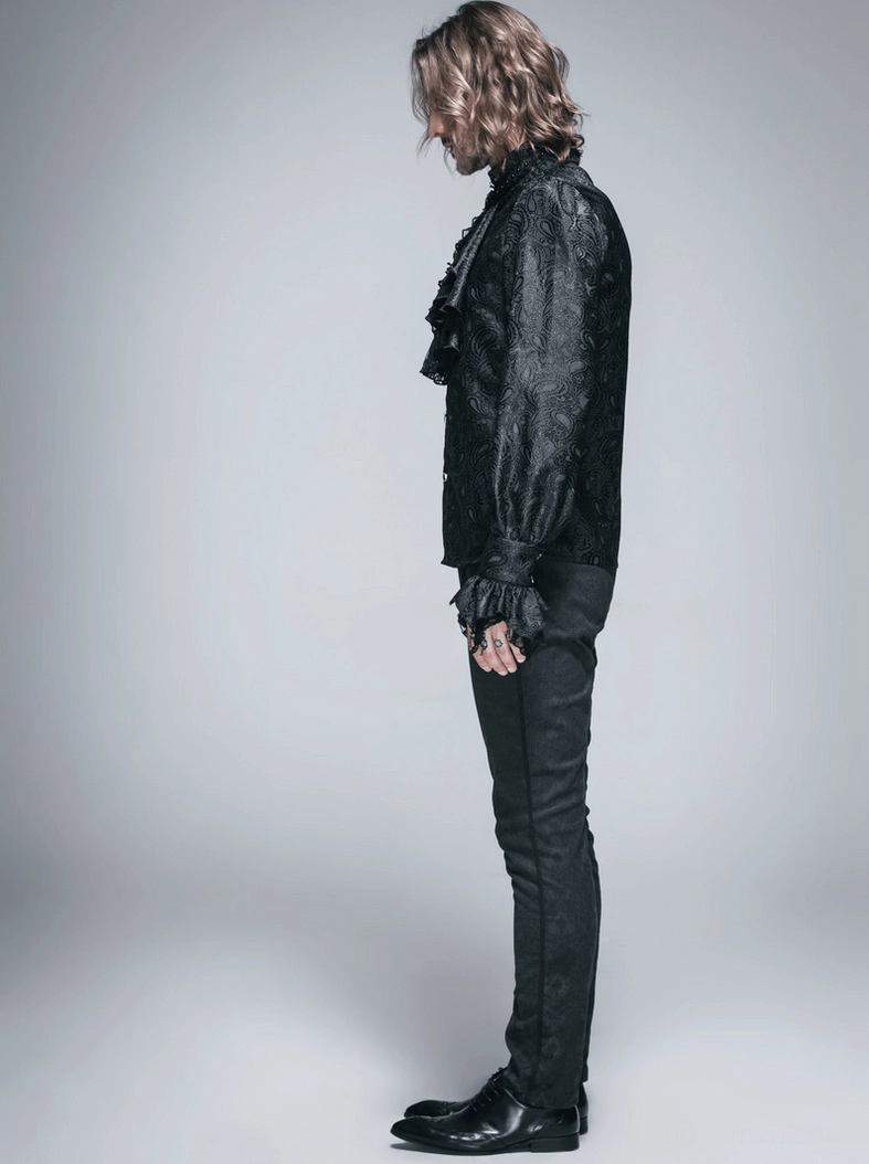 Side profile view of gothic steampunk men's shirt with dramatic ruffled jabot and structured silhouette