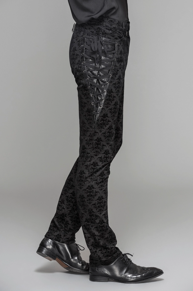 Alternative angle of gothic steampunk slim pants showing overall silhouette and fitted straight-leg design