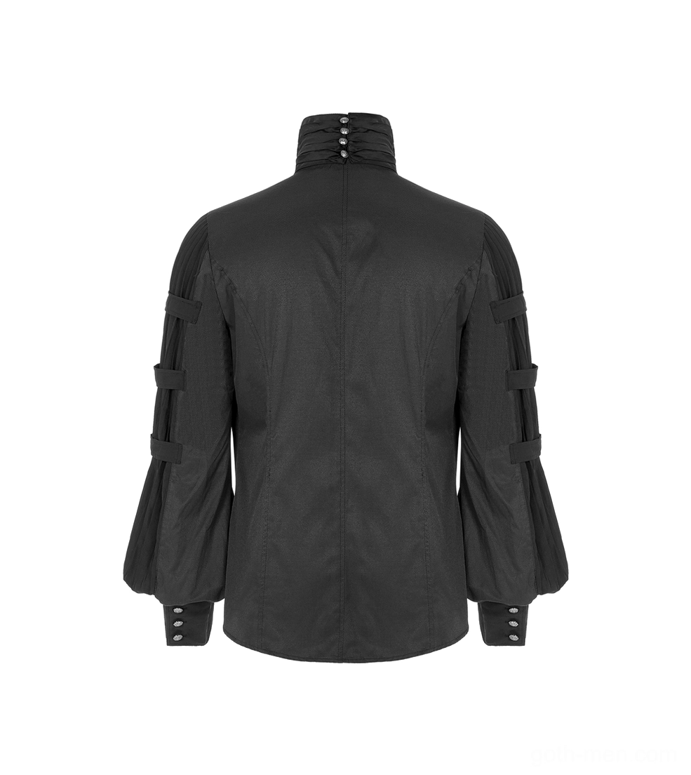 Black gothic steampunk shirt back view on mannequin highlighting buttoned high collar, slim-fit tailoring, and sleeve strap details