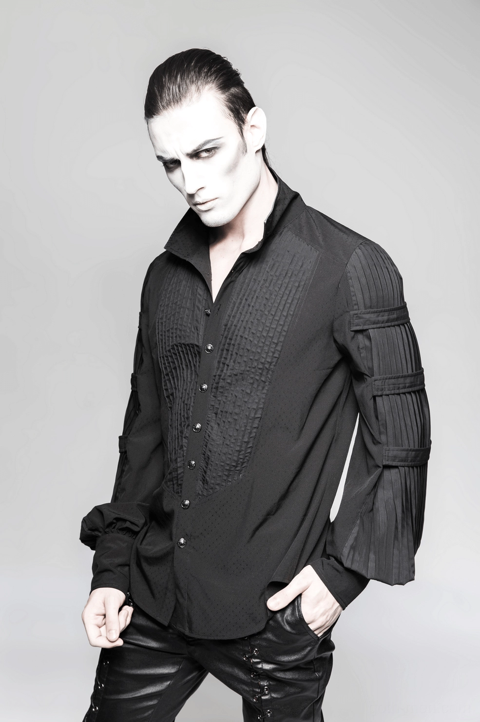 Black gothic steampunk shirt detail view showcasing fabric composition, stitching quality, and construction precision