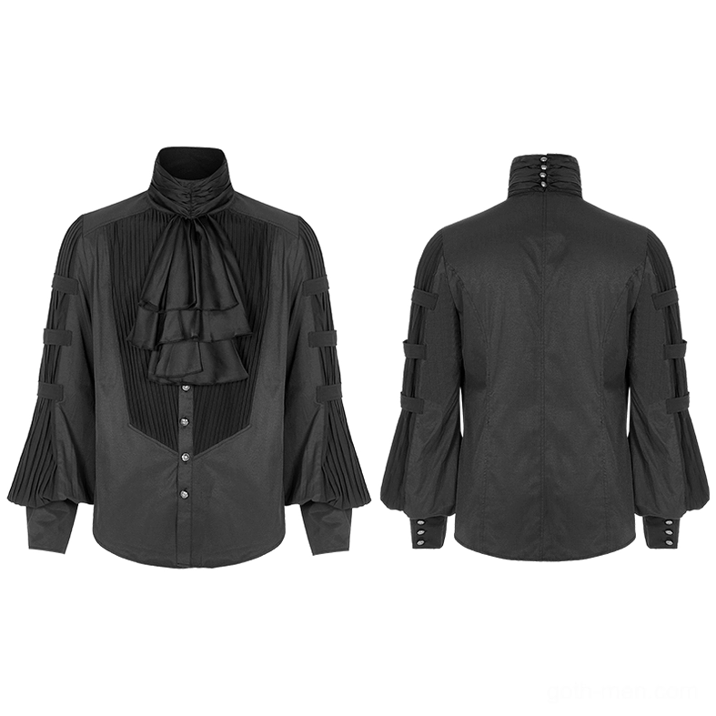 Black gothic jacquard steampunk shirt front and back dual view on mannequin, displaying ruffled ascot tie and buttoned placket