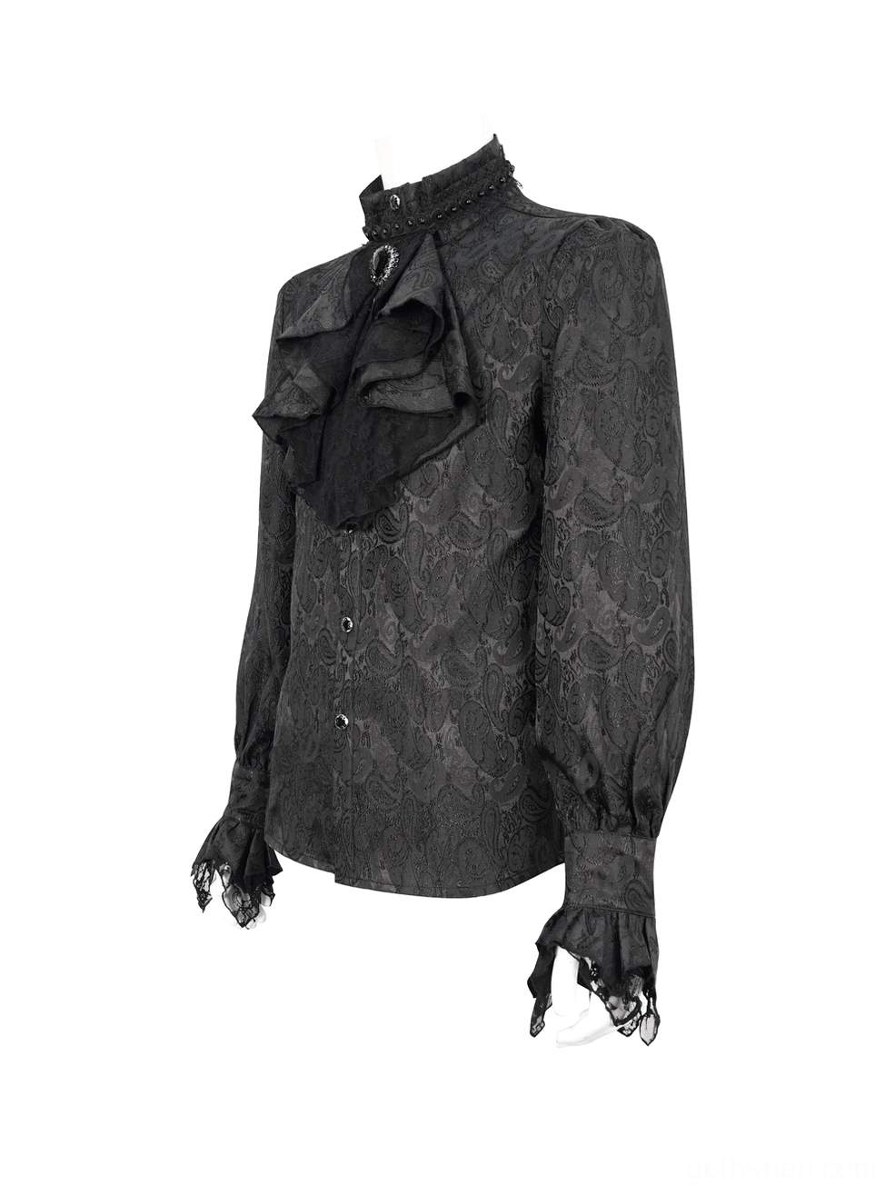 Three-quarter side view of gothic men's shirt with high stand collar and black lace cuff details on mannequin