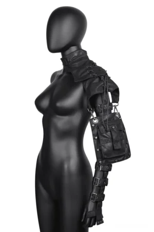 Black gothic steampunk shoulder bag with detachable arm pouch, left side view on mannequin showing metal buckle details and PU leather texture