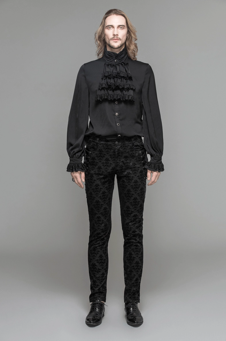 Comprehensive product display of gothic steampunk slim-fit trousers showing construction, fit, and design features