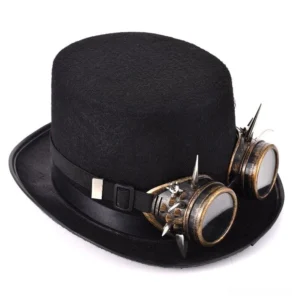 Two matching Gothic steampunk cylinder top hats with vintage brass-tone goggles and spike embellishments, showing product styling and design details