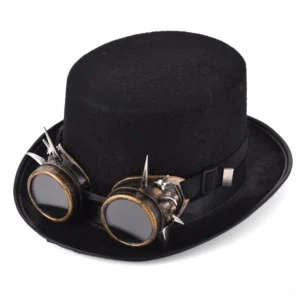 Gothic steampunk top hat with brass goggles and metal spike decorations, black polyester cylinder hat for alternative fashion and cosplay