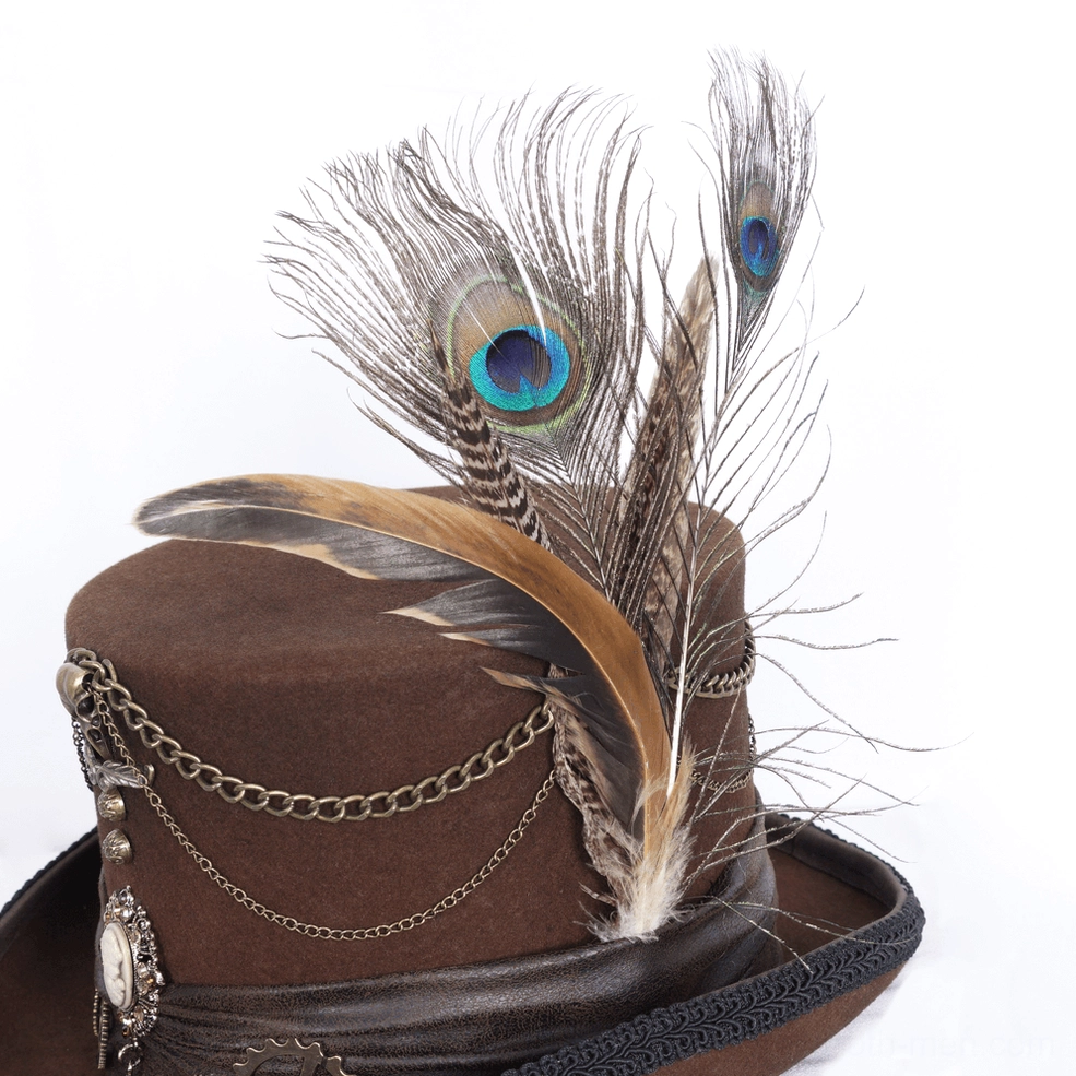 Detailed macro view of gothic steampunk top hat construction showing wool texture, metal hardware, and ornamental embellishments