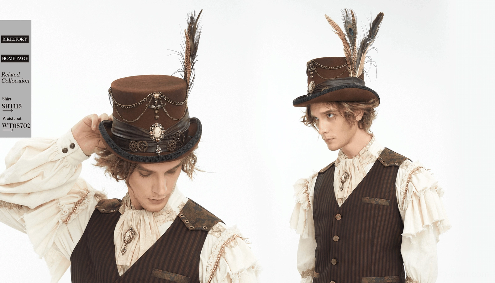 Side view of gothic steampunk brown top hat displaying full peacock feather and metal chain embellishments against studio background