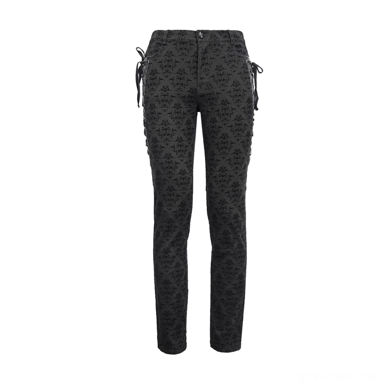 Front full body view of gothic steampunk slim-fit trousers with all-over damask pattern and side lace-up corset design