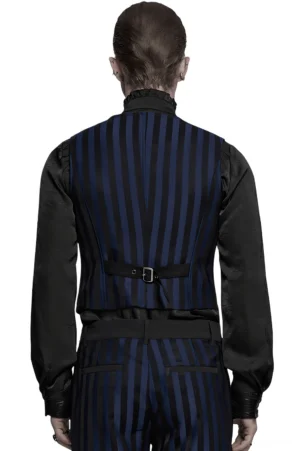 Navy striped steampunk gothic waistcoat back view showing adjustable waist buckle strap paired with formal black shirt