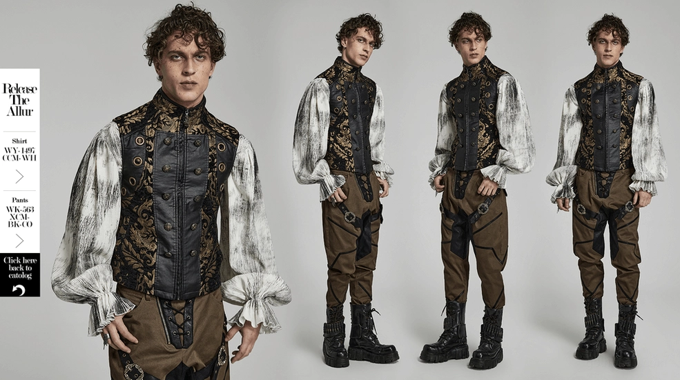Black and gold steampunk gothic waistcoat detail showing embellishments, buckles, and ornate design elements
