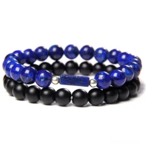 Double layer stone beads gothic bracelet with blue lapis and matte black onyx - flat lay top-down view