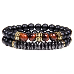 Double-layer gothic bracelet featuring black onyx beads and red tiger eye stones with gold-toned metal accents