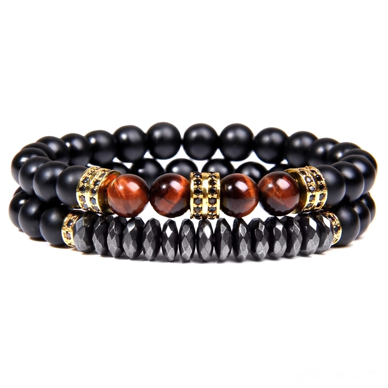 Double-layer gothic bracelet featuring black onyx beads and red tiger eye stones with gold-toned metal accents