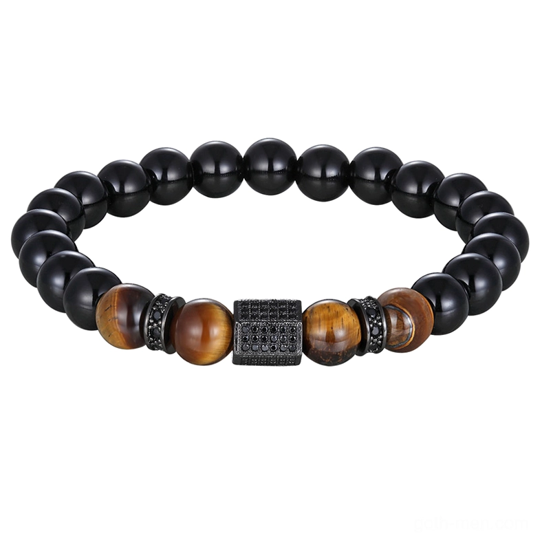 Gothic steel cubic zirconia beaded bracelet with matte onyx and tiger eye stones flat lay