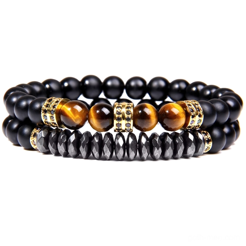 Gothic double-layer beaded bracelet with black onyx and yellow tiger eye stones, gold-toned metal spacers