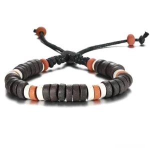 Gothic earth tone disc bead bracelet with adjustable lace-up closure, top-down view on white background