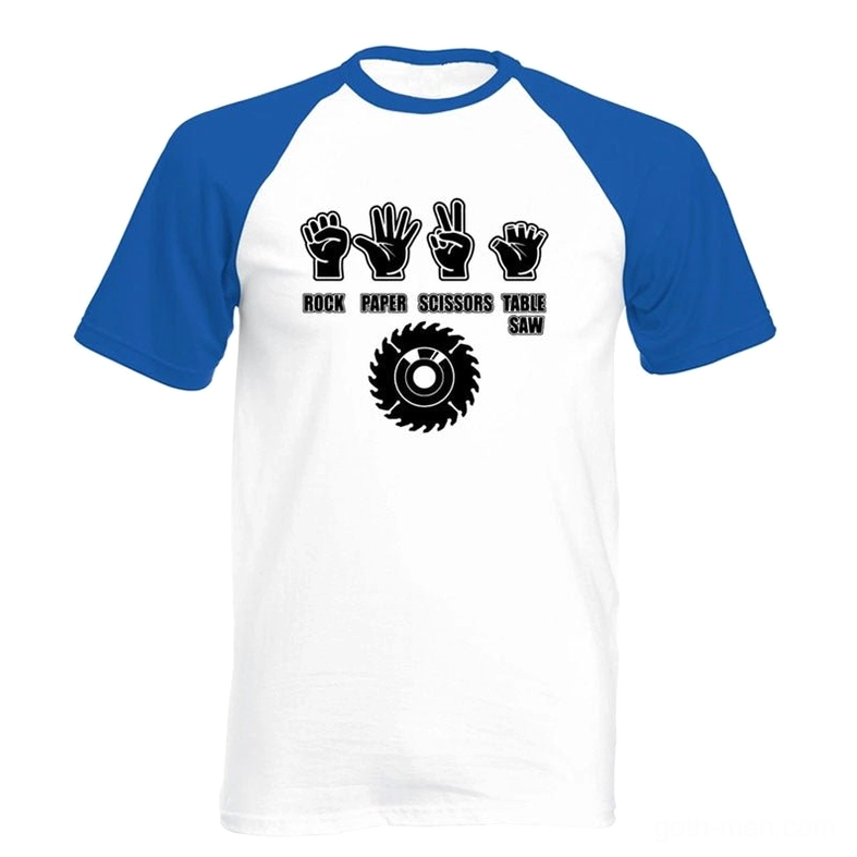 Gothic rock streetwear raglan tee with black graphic design, white body and blue raglan sleeves, understated dark aesthetic