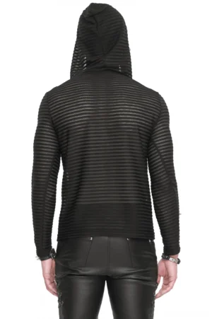 Gothic striped hoodie rear view showing back design and fitted sleeves with leather styling