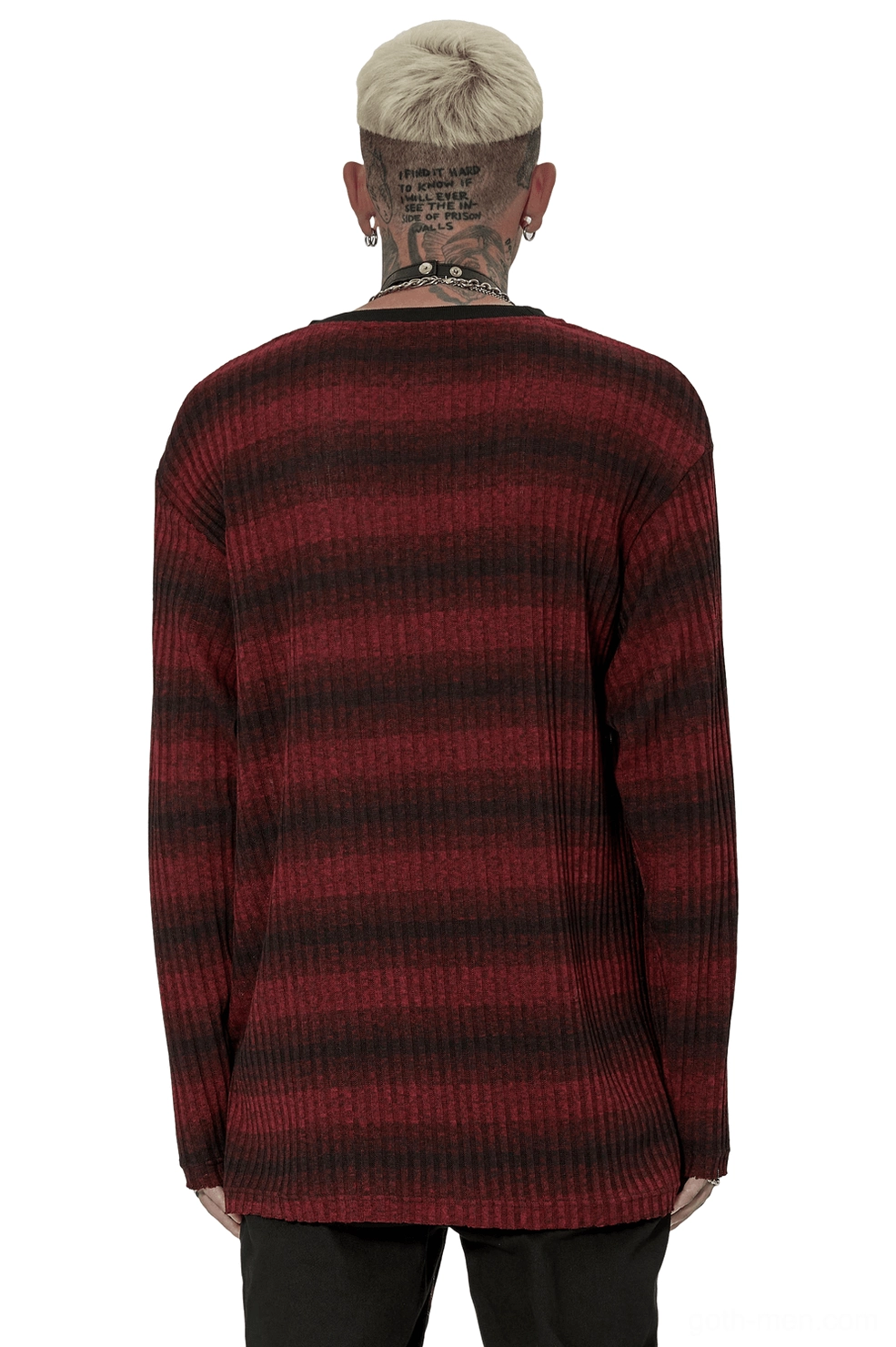Back view of men's red and black striped gothic knit sweater showing relaxed drop shoulder fit