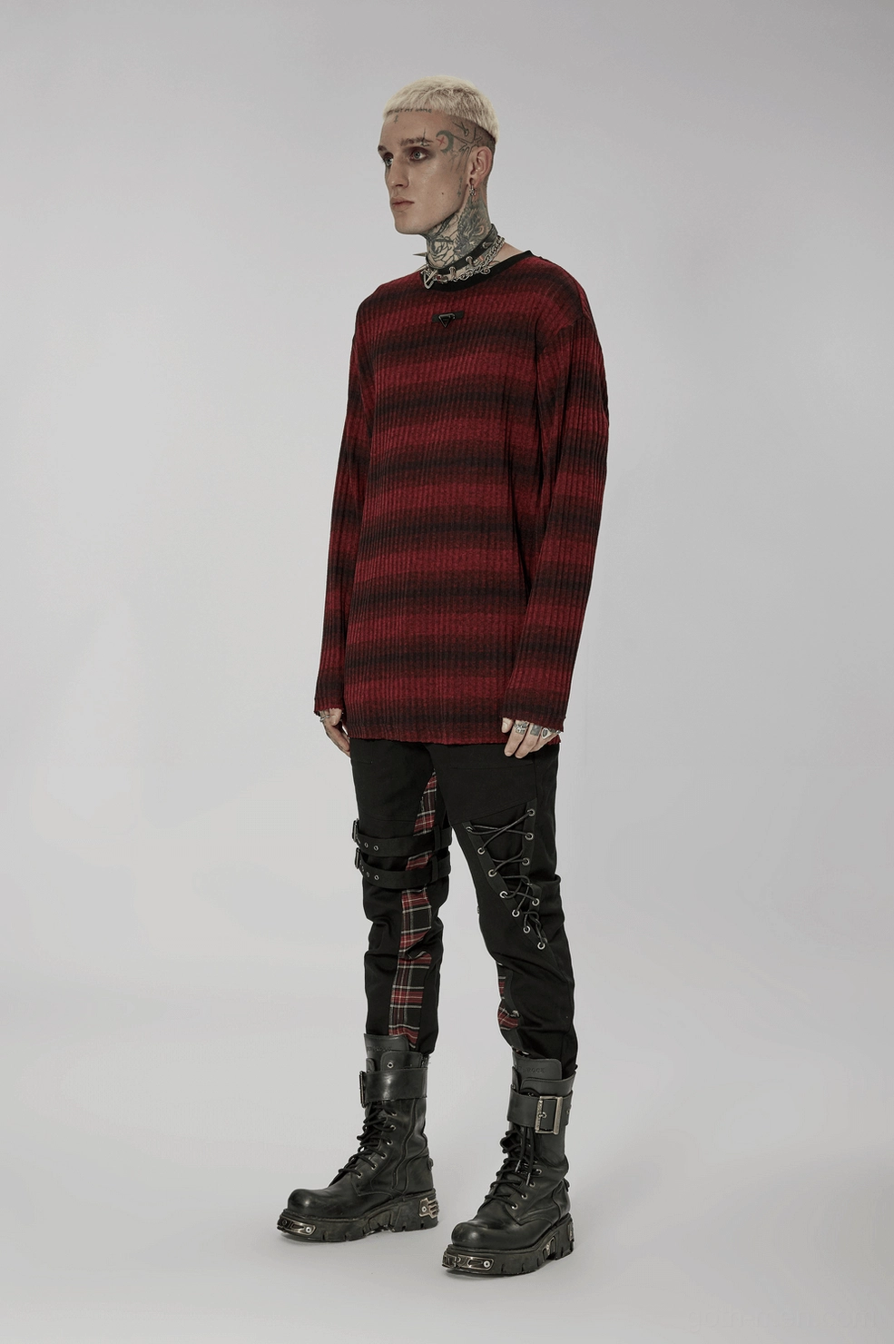Men's gothic red and black striped ribbed knit sweater product overview