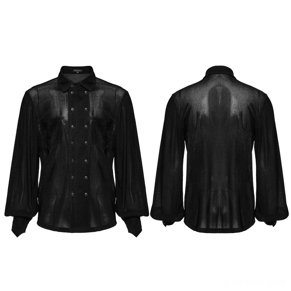 Full flat lay front and back of black striped mesh gothic shirt displaying double-breasted buttons and construction