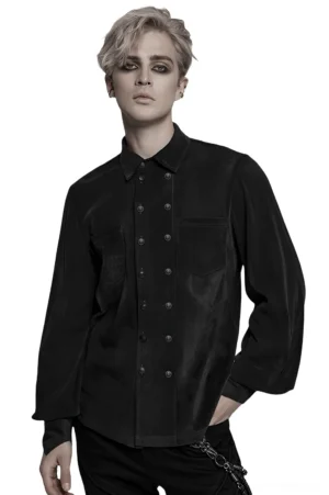 Front view of black striped mesh gothic shirt with double-breasted metal buttons and pointed collar on male model