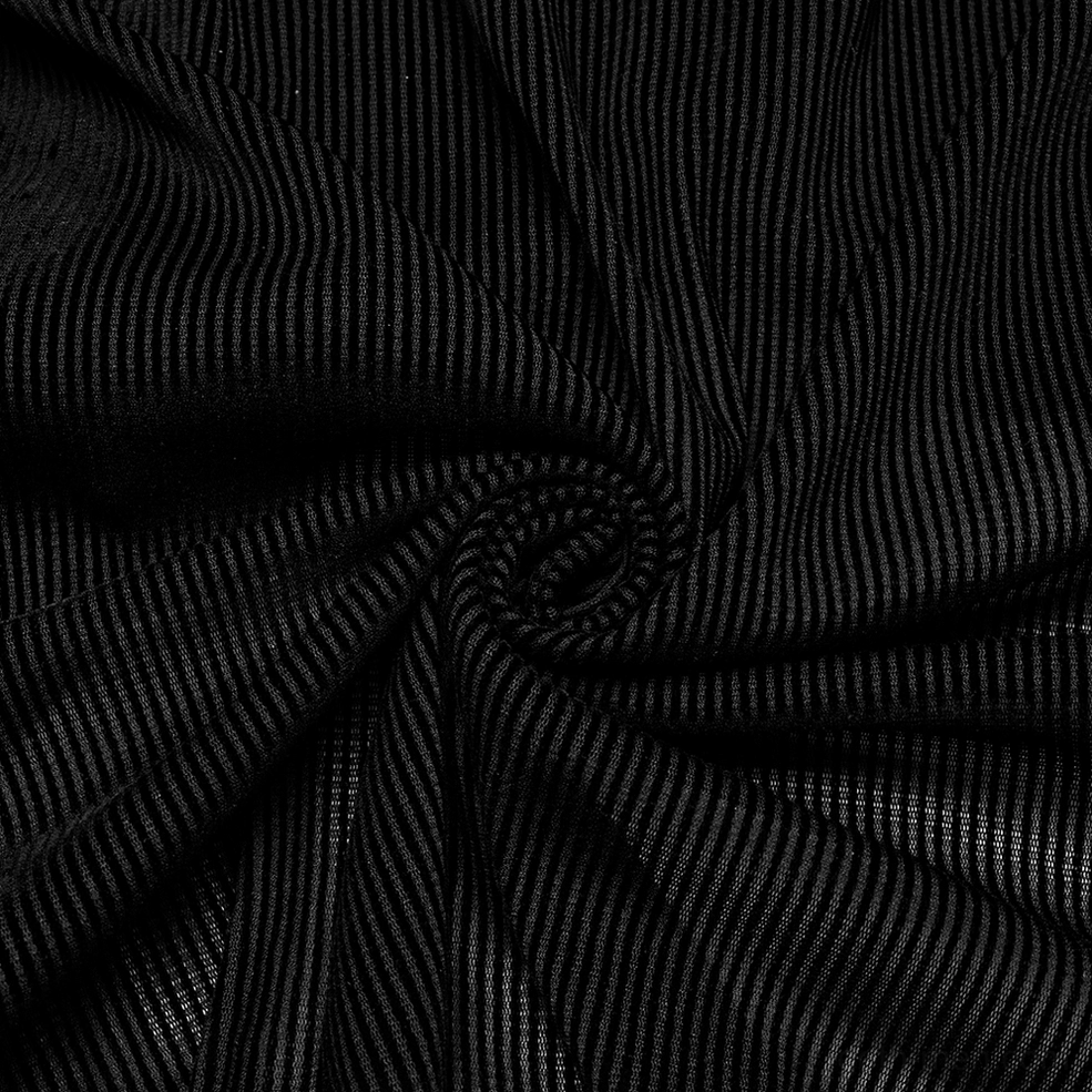 Three-quarter view of black striped mesh gothic shirt highlighting fitted construction and mesh transparency