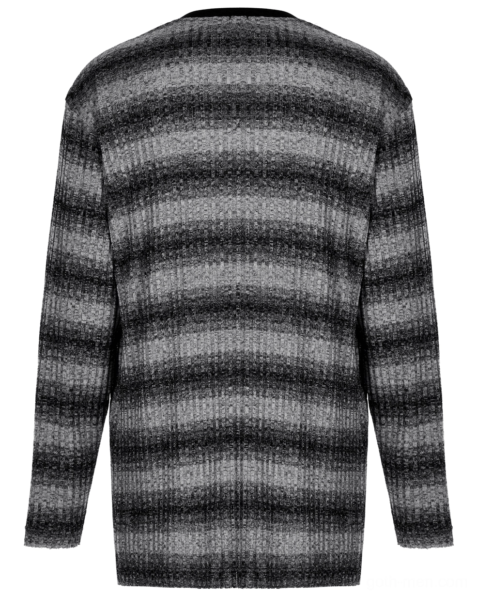 Back flat lay detail of monochrome striped gothic sweater displaying full rear silhouette and gradient stripe pattern in ribbed knit material