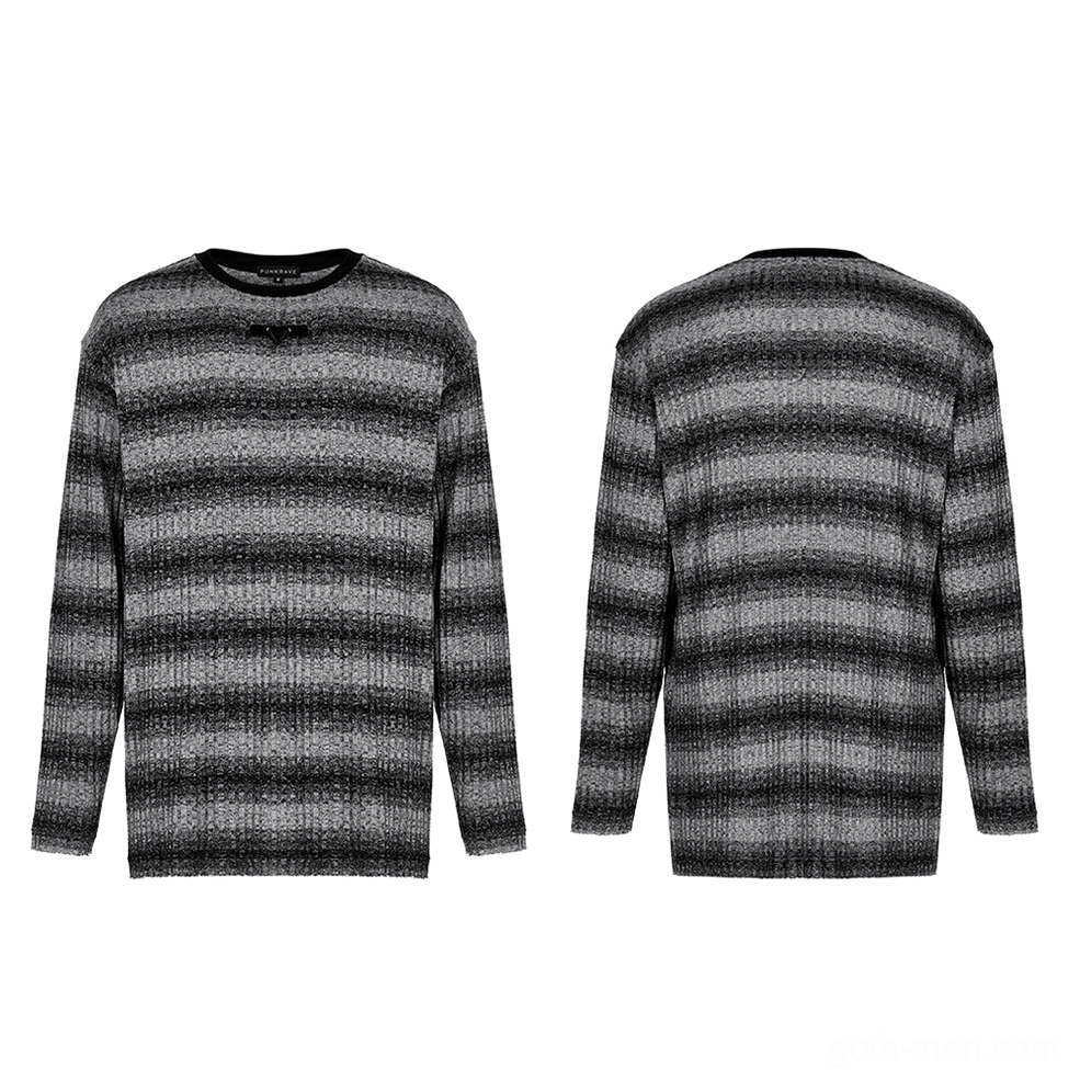 Flat lay front and back display of monochrome striped gothic sweater showing oversized long sleeve cut and vertical ribbed knit texture