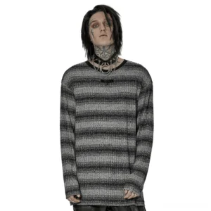 Monochrome striped gothic sweater front view on male model showing gradient gray and black vertical ribbed knit pattern with metal hardware detail at crew neck