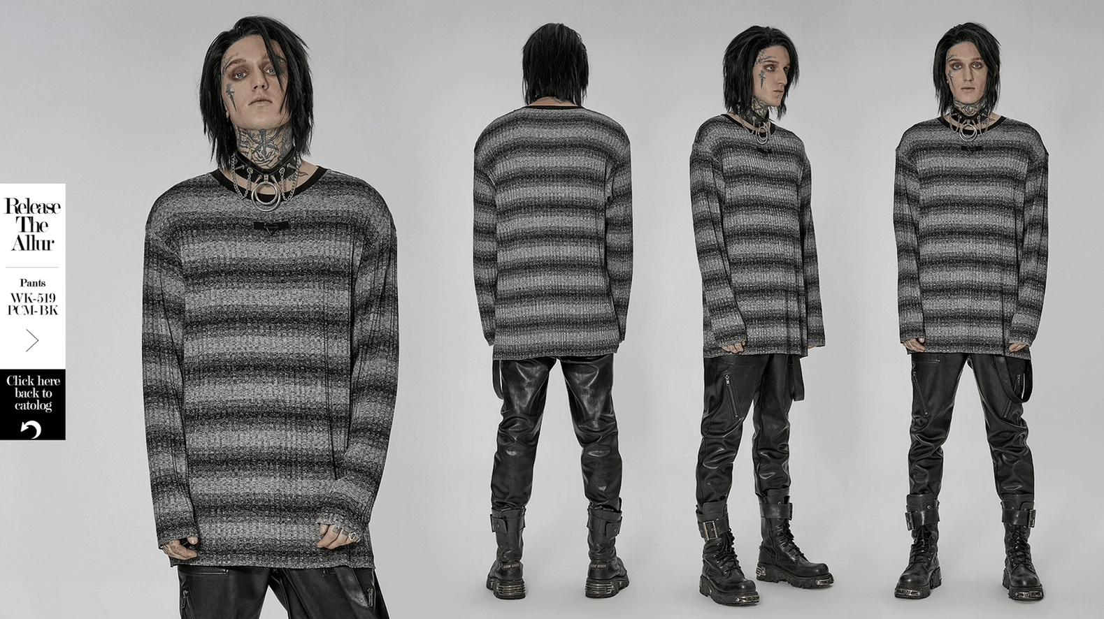 Full body styling shot of monochrome striped gothic sweater showing how oversized loose fit creates contemporary dark aesthetic