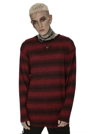 Men's gothic striped ribbed knit sweater with metal triangle badge front view on model
