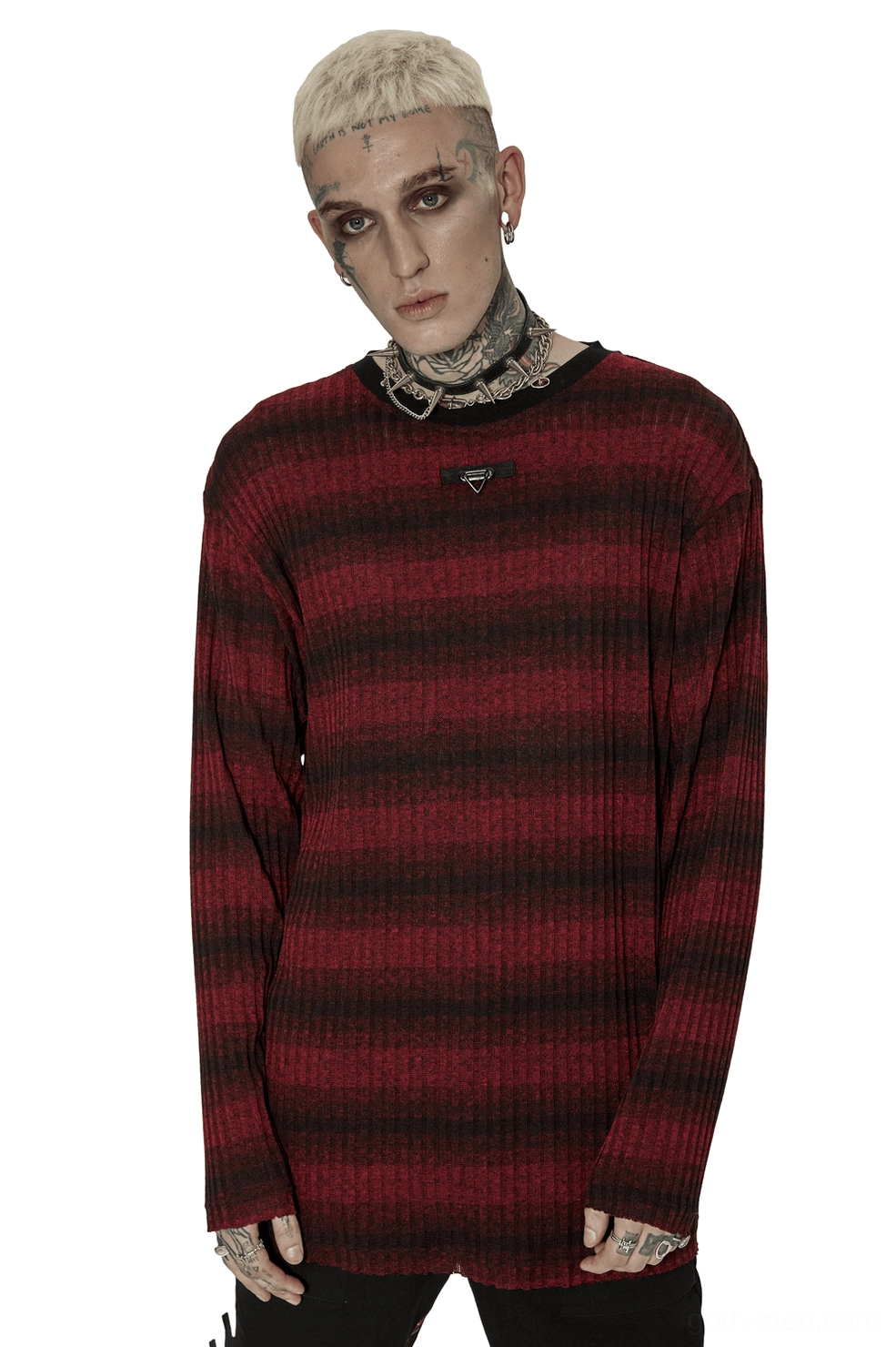Men's gothic striped ribbed knit sweater with metal triangle badge front view on model