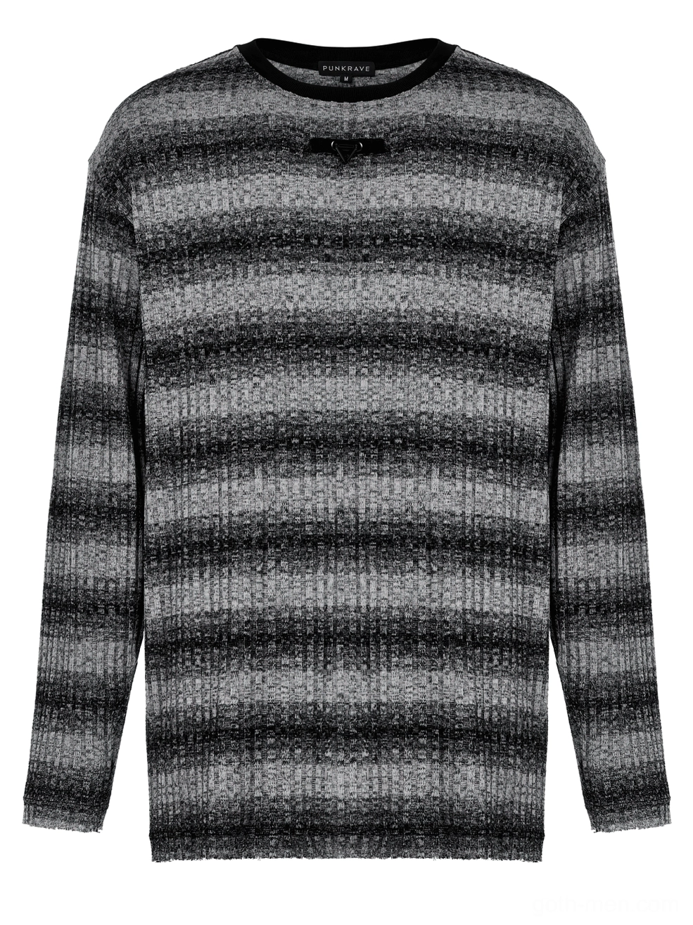 Front flat lay close-up of monochrome gothic sweater featuring crew neck with metal trim hardware and gradient gray-black striped ribbed fabric