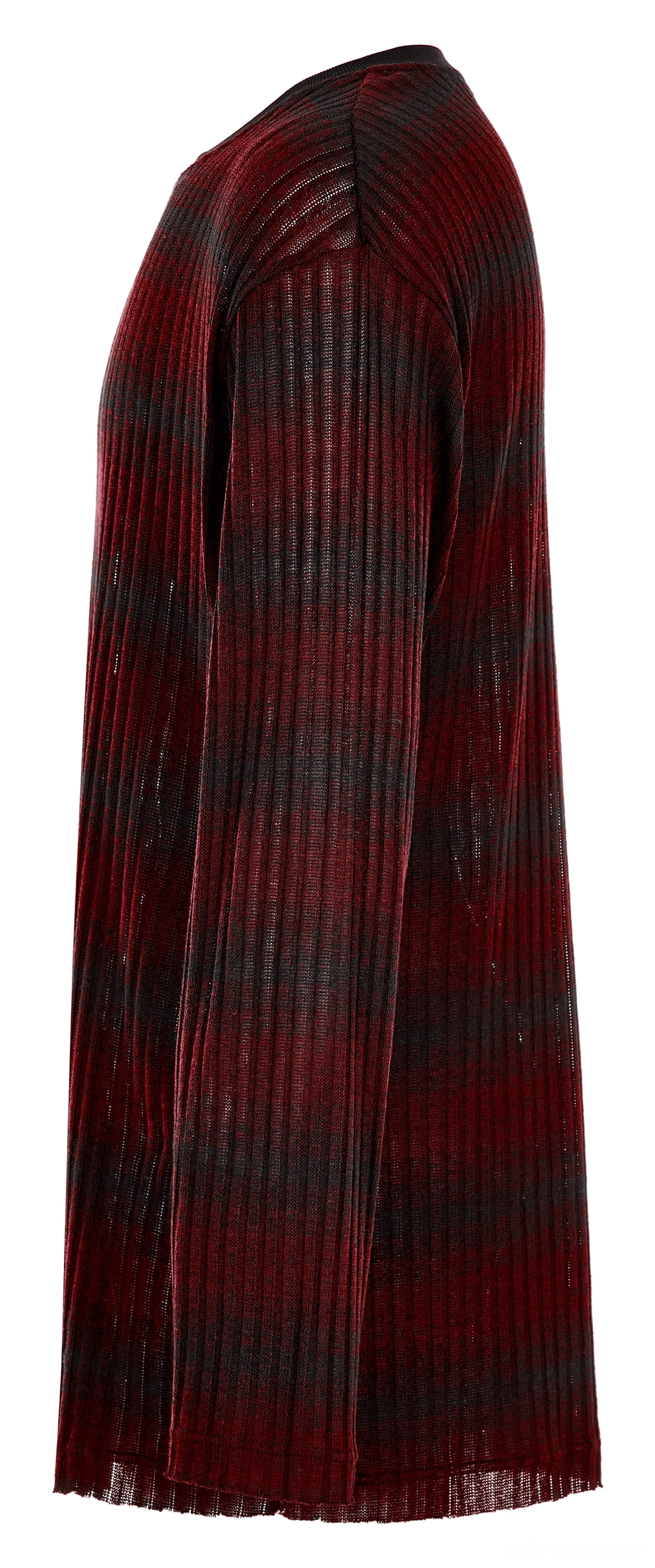 Side profile of men's gothic striped ribbed knit sweater showing relaxed silhouette