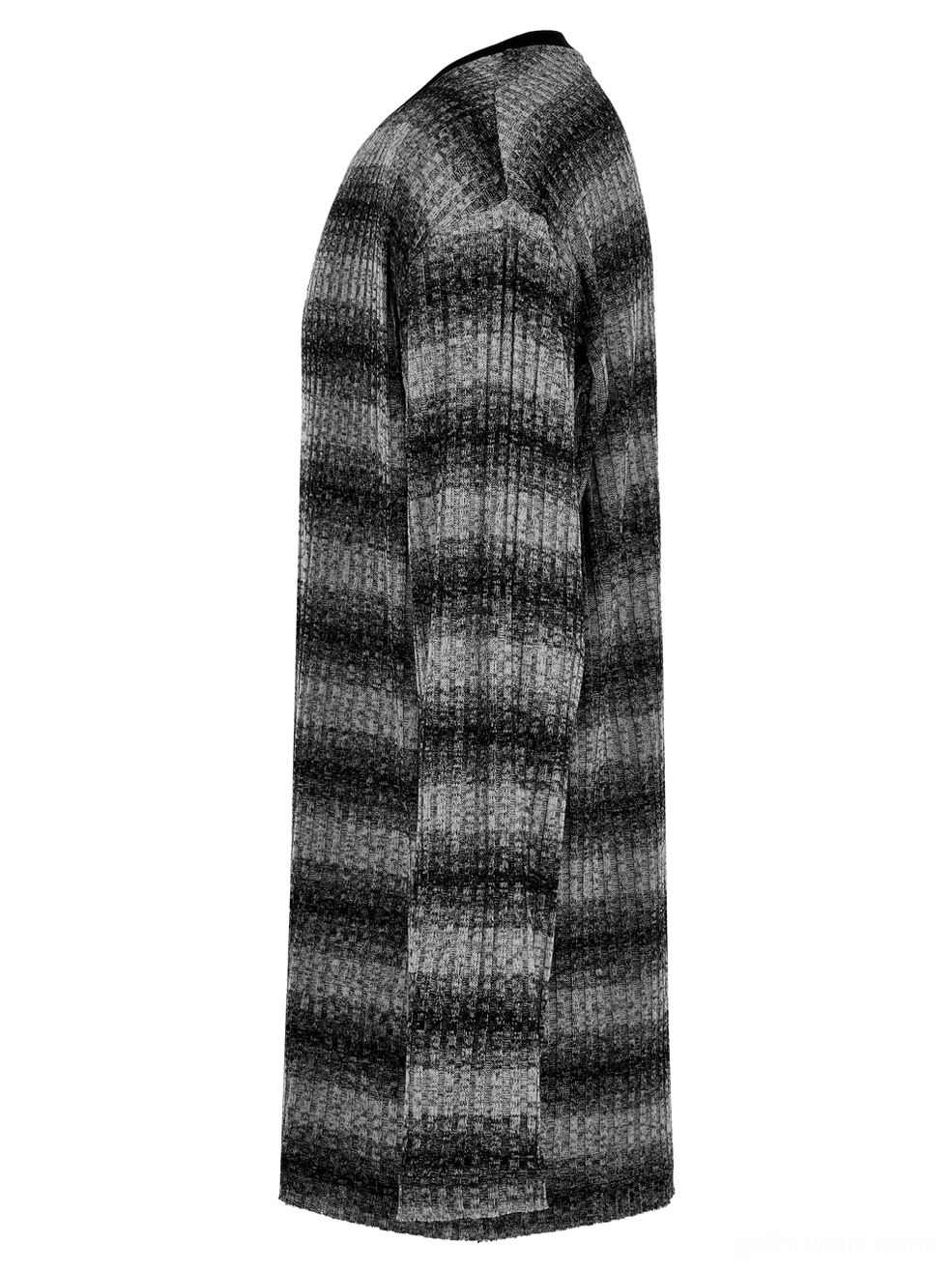 Side profile flat lay of monochrome striped gothic sweater showcasing vertical ribbed knit construction and relaxed oversized silhouette